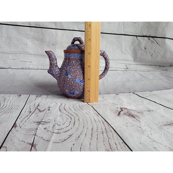 VTG Terra Cotta Clay Handmade Chinese Enamel Blue Butterflies Yixing Teapot 5 In - Picture 9 of 11